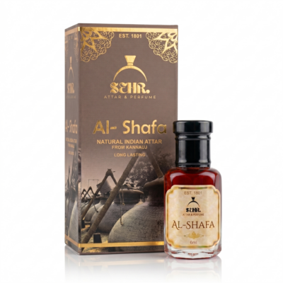 Al-Shafa 6ml premium attar in an elegant black and gold packaging box with a small glass perfume bottle