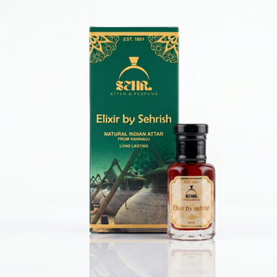 Professional studio shot of SEHR ATTAR & PERFUME Elixir by Sehrish, featuring the green and gold box, small 6ml red attar bottle with Kannauj copper pot imagery and reflections.